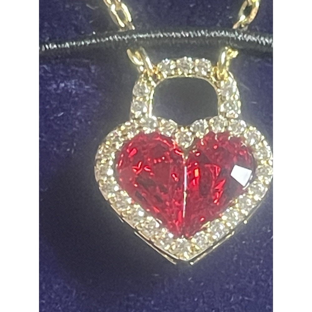 Brand New Gold Plated Heart Lock Ruby CZ Necklace 18 Inch